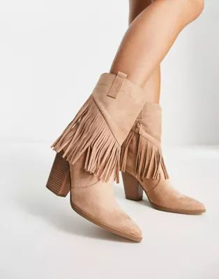 Glamorous fringed western heel boots in beige | ASOS (Global)