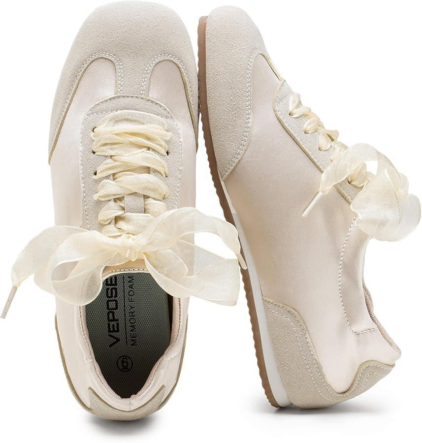 Vepose Women's Satin & Suede Gat Sneakers, Retro Classic Ribbon Lace Trainers with Memory Foam, L... | Amazon (US)