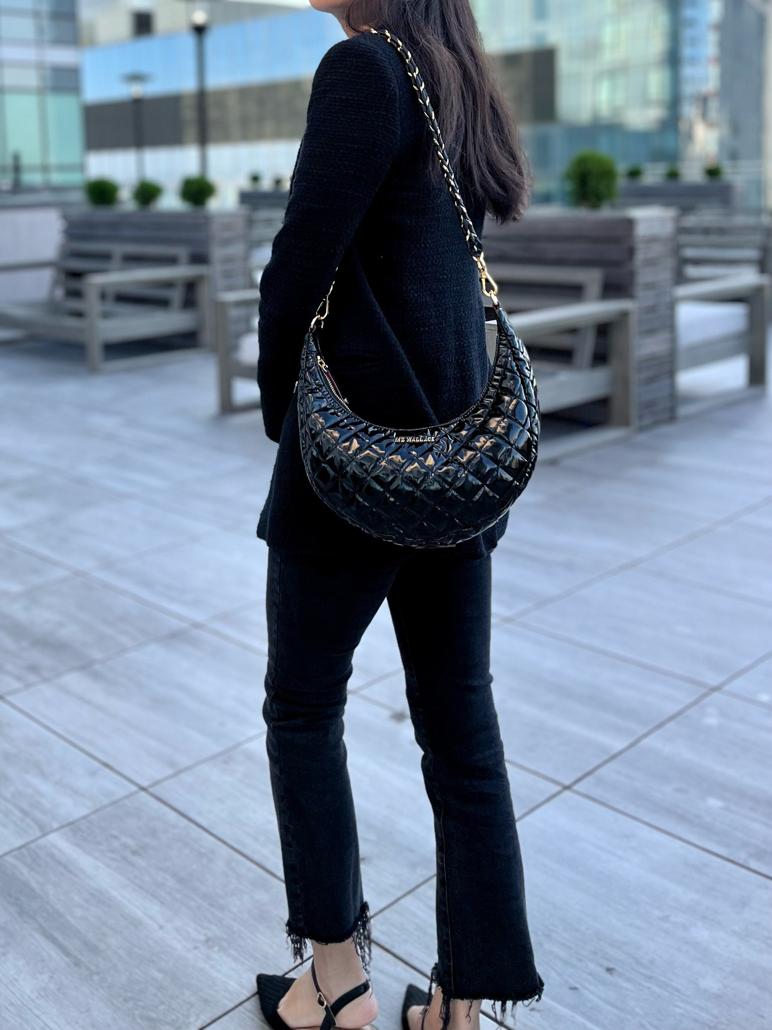 MZ Wallace Luna Crosby quilted handbag / crescent shaped handbag with chain shoulder strap. Dressy handbag style. Chanel-inspired handbag. Handbag for going out. Shoulder bag with adjustable straps. 

#LTKtravel #LTKitbag #LTKworkwear
