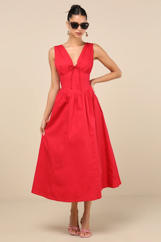 Lettie Red Poplin Plunge Neck Midi Dress | Lulus