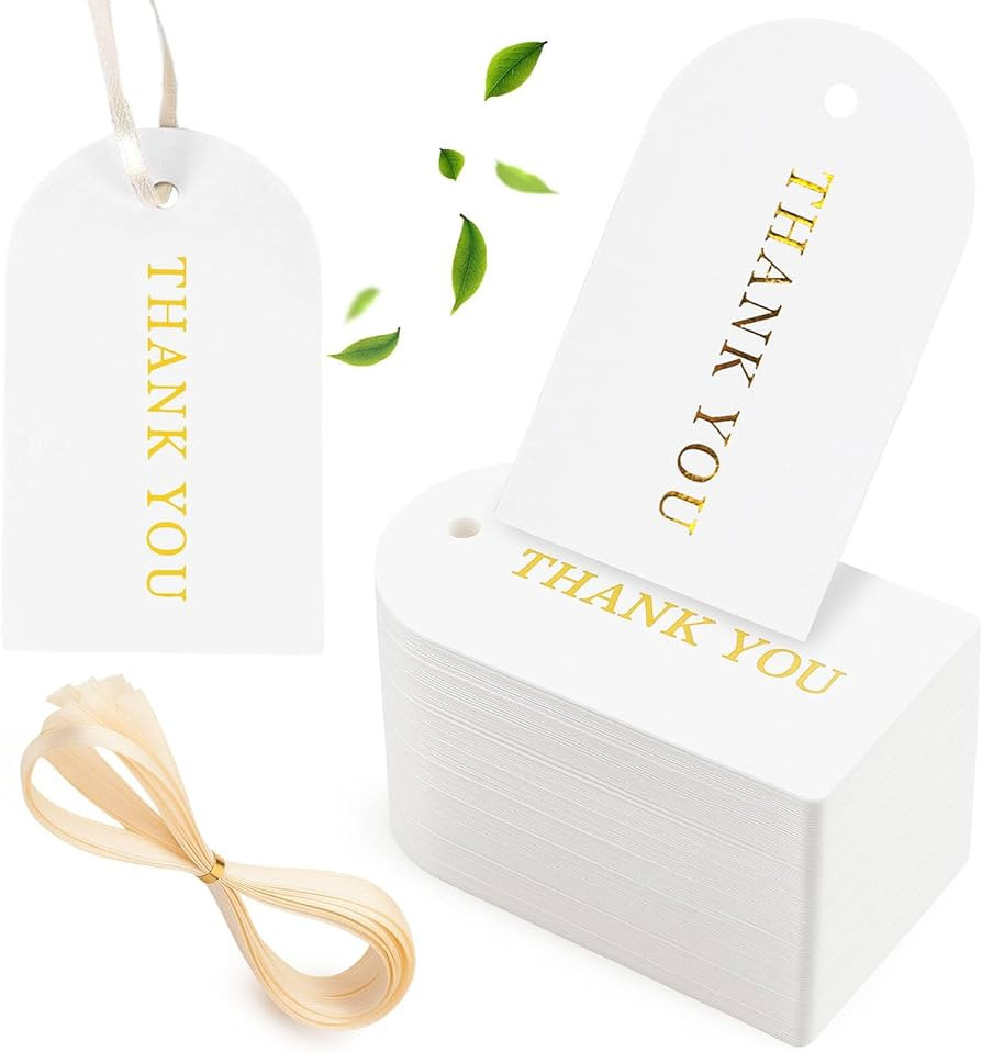 SallyFashion 120PCS Thank You Gift Tags, White Gold Stamping Tags Hanging Labels with Ribbon for ... | Amazon (US)