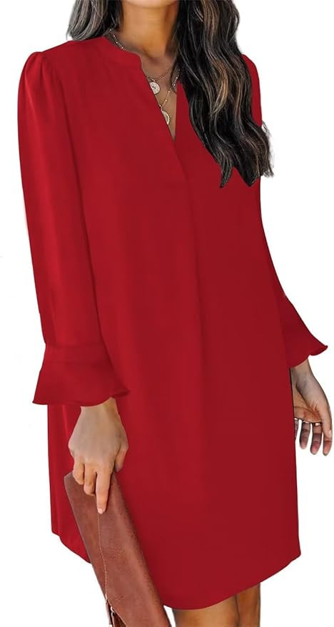 QACOHU Womens V Neck Ruffle Short Sleeve Simple Solid Color Casual Summer Dress | Amazon (US)