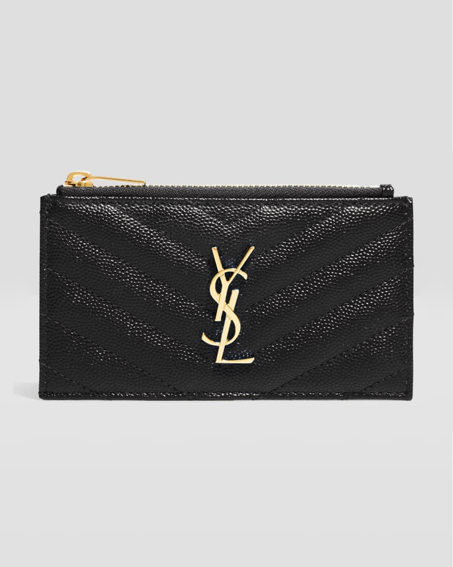 Saint Laurent YSL Monogram Small Ziptop Card Case in Grained Leather | Neiman Marcus