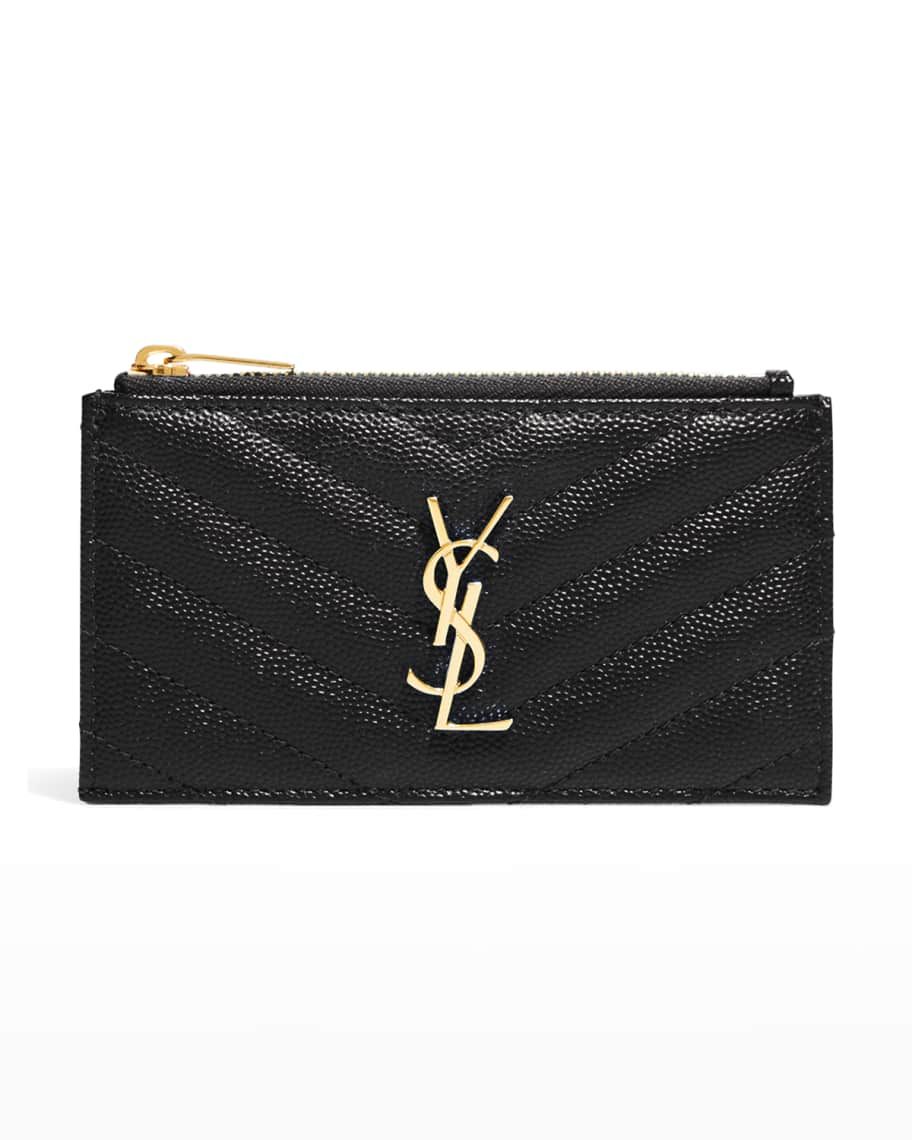 Saint Laurent YSL Monogram Small Ziptop Card Case in Grained Leather | Neiman Marcus