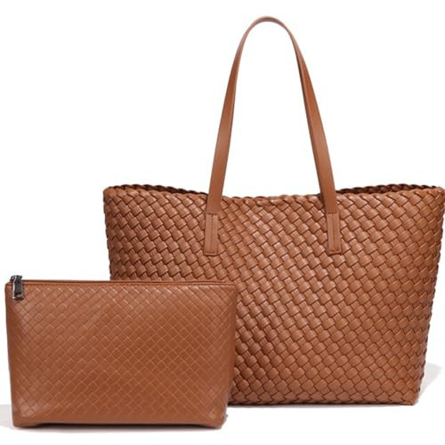 Large Capacity Shoulder Handbag Woven Leather Tote Bag with Matching Pouch Travel Lightweight (Brown) | Amazon (US)