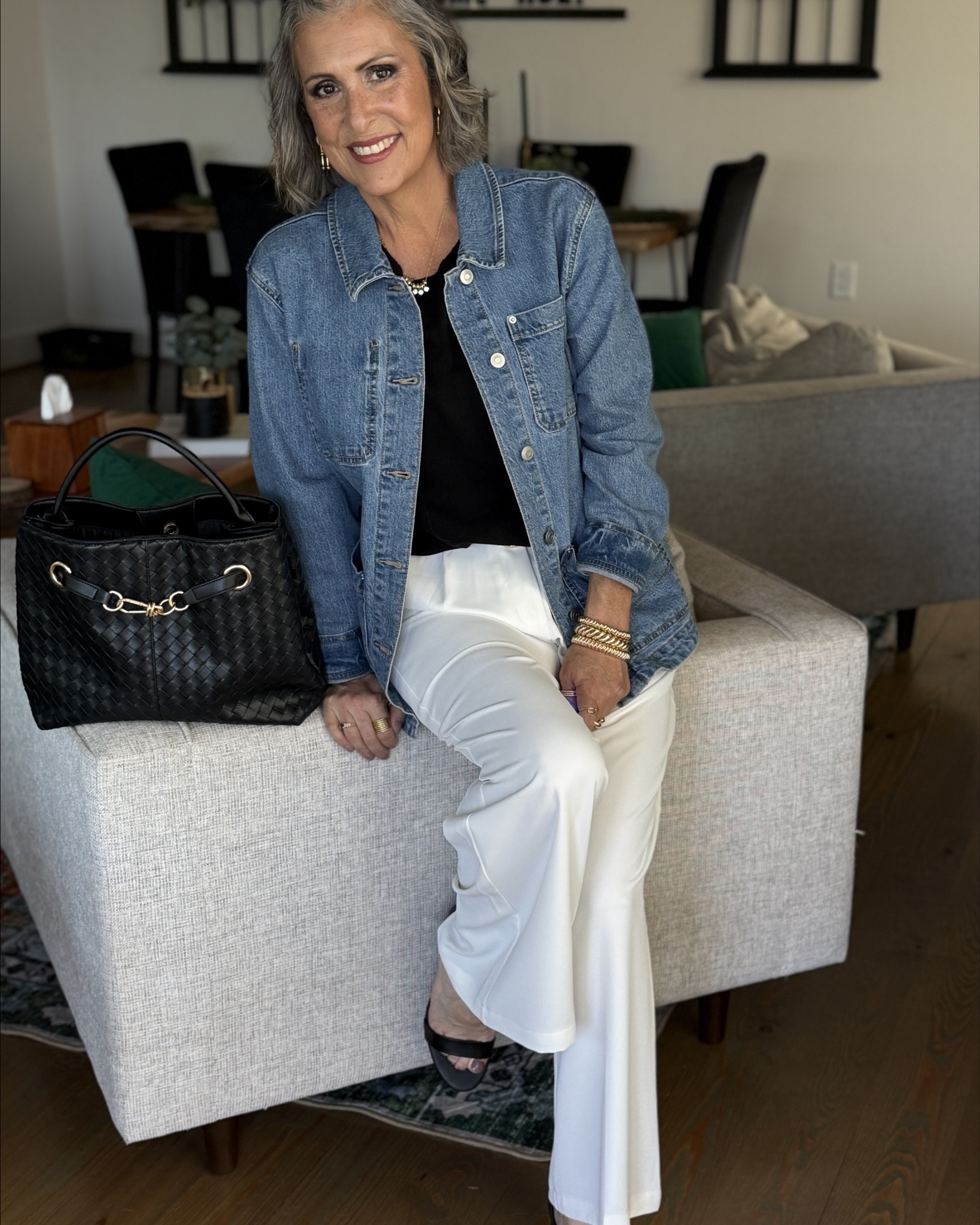 👠 Look 4 – Manda’s Pick
	•	Light wash denim jacket (Walmart)
	•	Black woven satchel purse (Walmart)
	•	Black heeled sandals (Amazon)

This style story works because it starts with a confident, flattering black-and-white base that allows endless versatility. The sleeveless sweater offers structure and breathability, while the wide-leg white pants provide movement and polish. Each added piece – from sneakers to heels, denim to blazer – transforms the look to meet the needs of your day. This approach simplifies getting dressed and builds a wardrobe that works as hard as you do. It’s stylish, intentional, and rooted in classic elements that will never go out of style.

#LTKStyleTip #LTKOver40 #LTKFindsUnder50