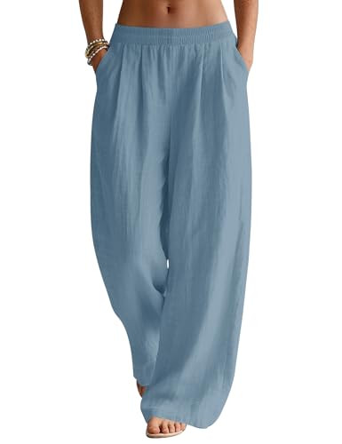LOMON Linen Pants Women Wide Leg Cotton Summer Pockets Pants Beach Vacation | Amazon (US)