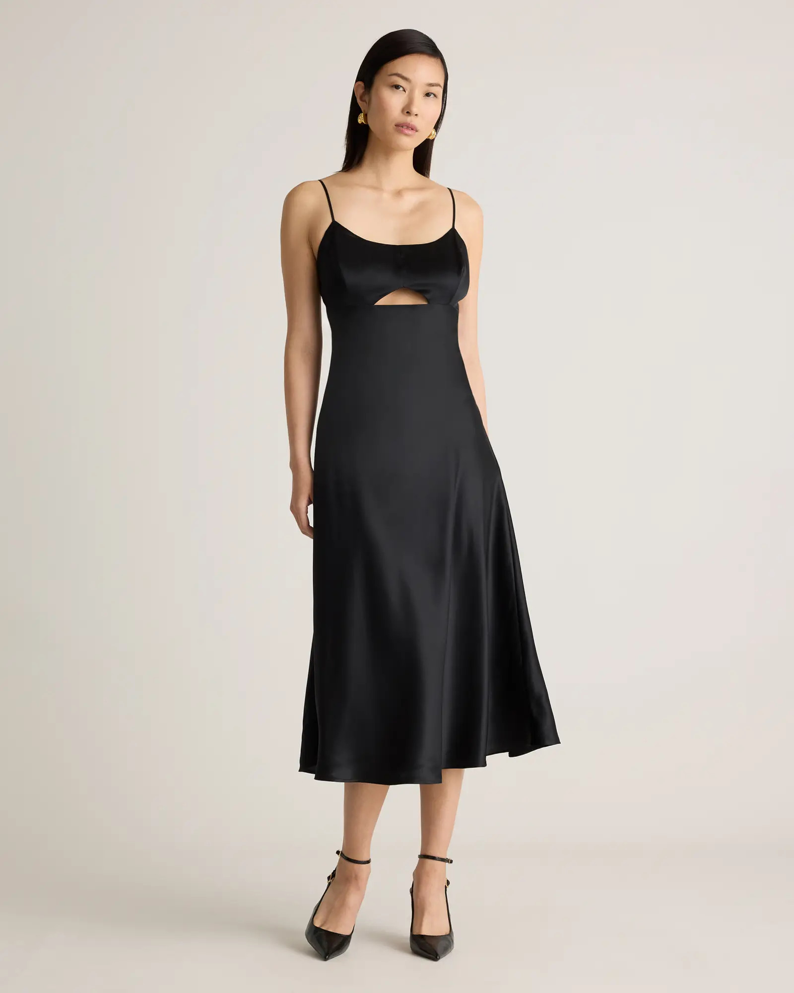 100% Washable Silk Cutout Midi Slip Dress in Black | Quince