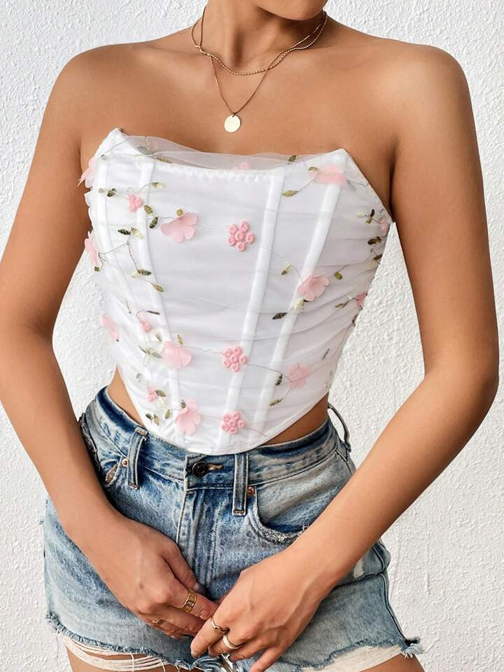 SHEIN BAE Bordado Floral Tubo Malha Tube Top | SHEIN