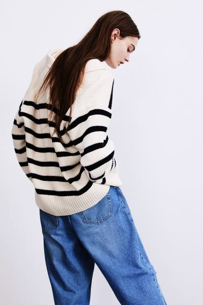 Rib-knit Polo Sweater - Cream/black striped - Ladies | H&M US | H&M (US + CA)