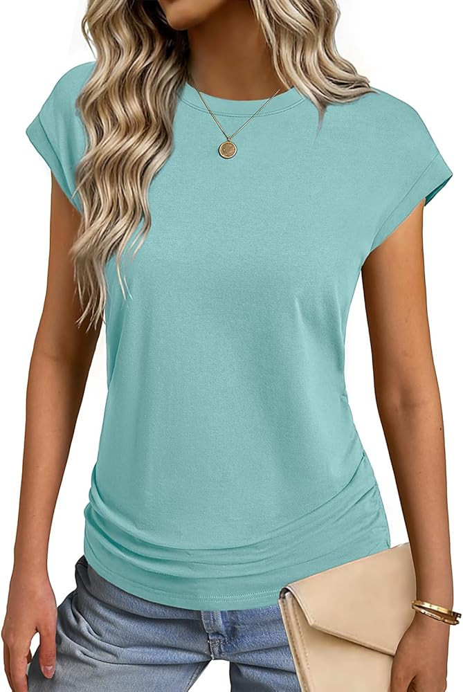 GKBK Womens Summer Cotton Tops Ruched Cap Short Sleeve Tshirts Crew Neck Shirts Fashion Trendy 20... | Amazon (US)