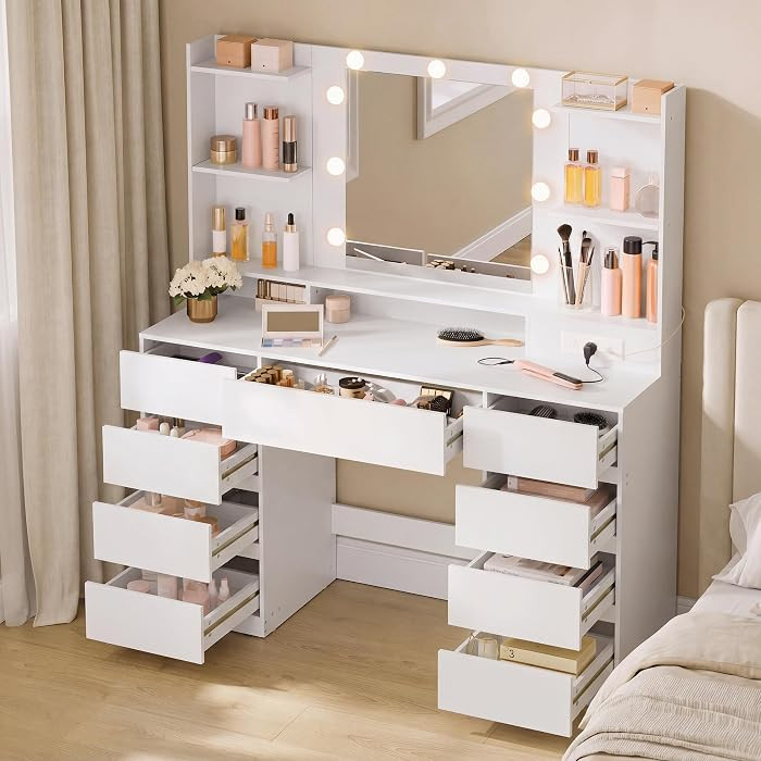 VASAGLE 43.3-Inch Vanity Desk with Mirror and Lights, 9 Drawers | Amazon (US)