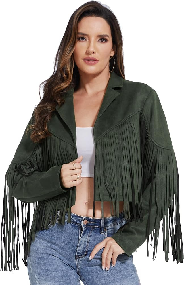 Fahsyee Women's Fringe Leather Jackets - Suede Faux Motocycle Biker Cropped Coat Vegan Blazer Ple... | Amazon (US)