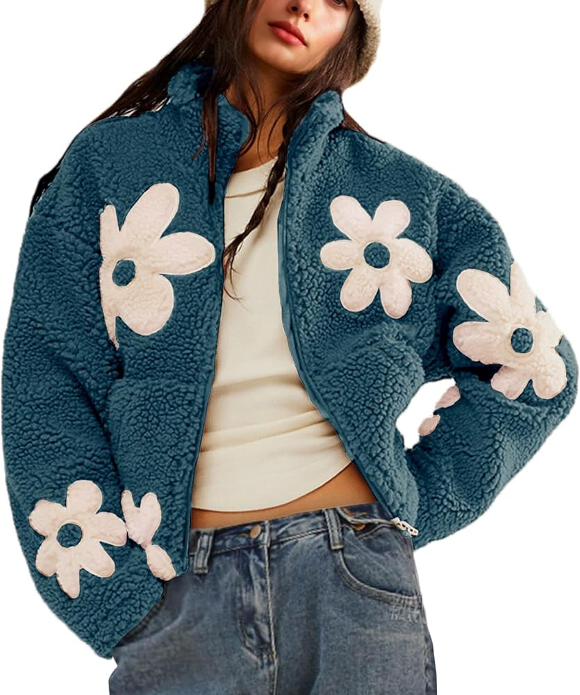 Maixang Floral Print Sherpa Fleece Jackets Cropped Coat | Amazon (US)