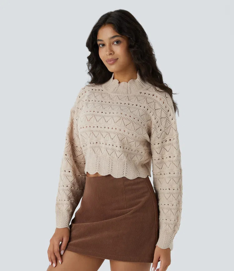 Mock Neck Bishop Sleeve Scallop Hem Open Knit Casual Sweater | HALARA