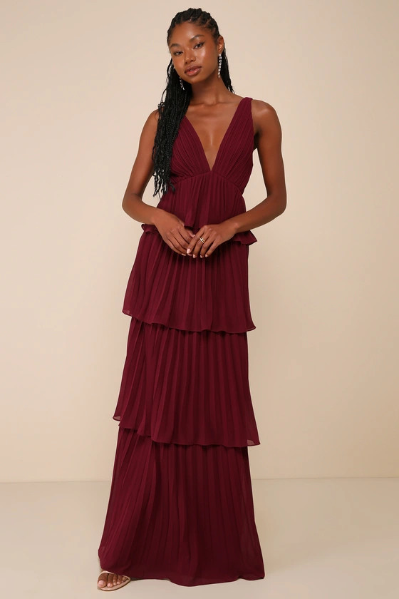 Mesmerizing Essence Burgundy Pleated Backless Tiered Maxi Dress | Lulus