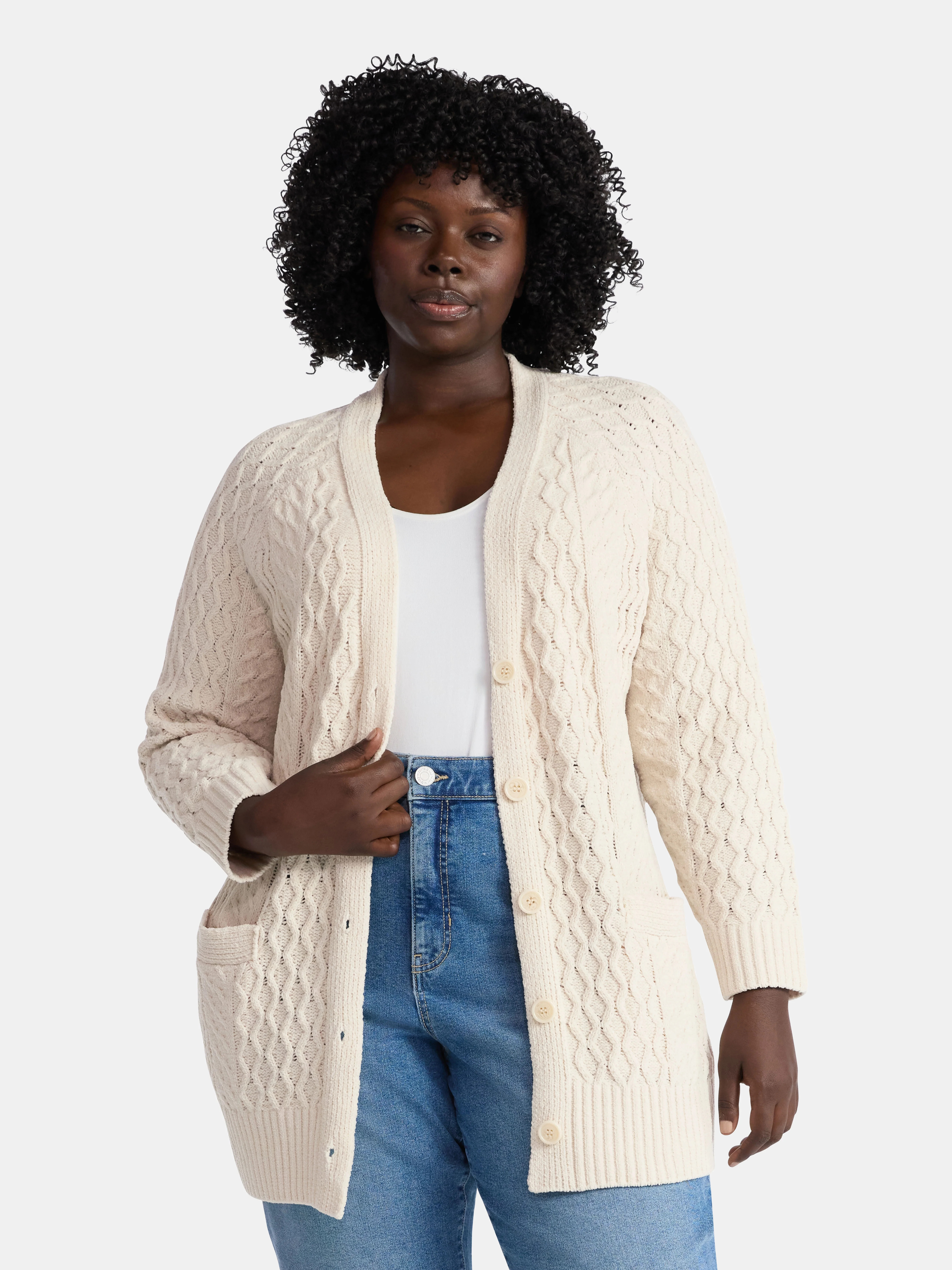 Terra & Sky Women\u2019s Plus Chenille Boyfriend Cardigan Sweater, Midweight, Sizes 0X-4X - Walma... | Walmart (US)