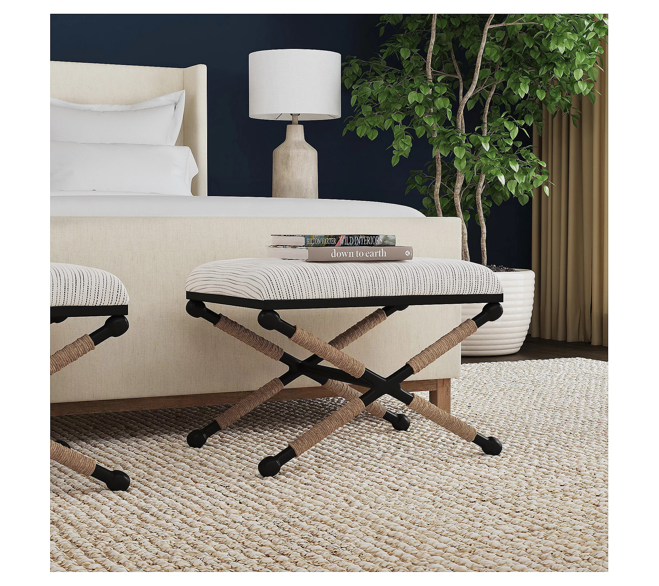 Linon Home Codele Campain Upholstered Accent St ool w/Rope Base | QVC