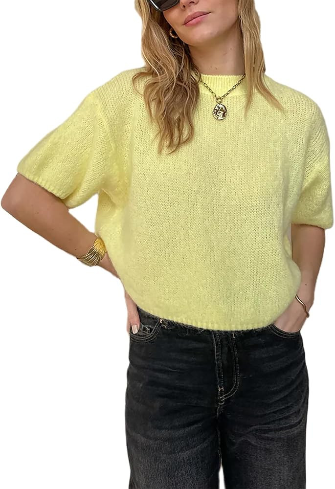 Women Short Sleeve Sweater Tops Crew Neck Lightweight Knit Pullover Cropped Tops Fall Loose Trend... | Amazon (US)