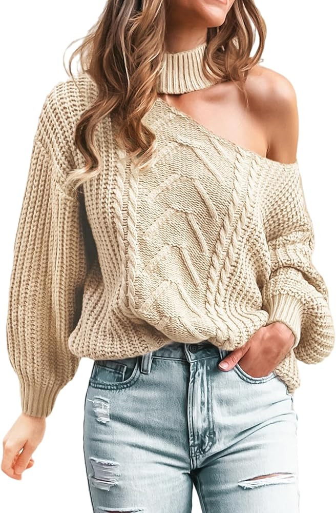 CUPSHE Womens Cable Knit One Shoulder Pullover Sweater Mock Neck Cutout Drop Long Sleeve Causal J... | Amazon (US)