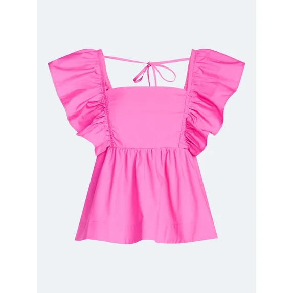Free Assembly Women's Square Neck Cotton Top with Flutter Sleeves, Sizes XS-XXL | Walmart (US)