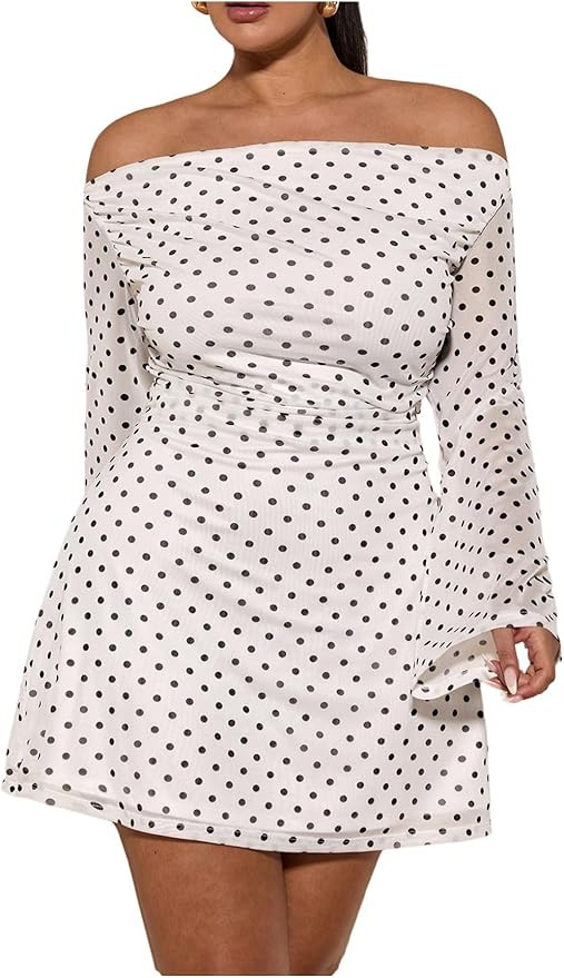 SOLY HUX Women's Plus Size Off The Shoulder Tie Dye Mini Dress Flared Long Sleeve Bodycon Party D... | Amazon (US)