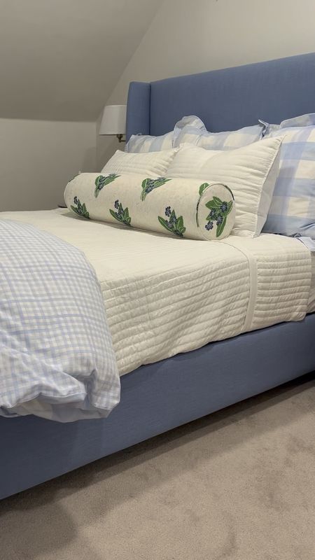 Grandmillennial home decor blue and white home white channel stitch quilt blue upholstered panel bed blue and white check shams duvet bedding sheets 

#LTKhome