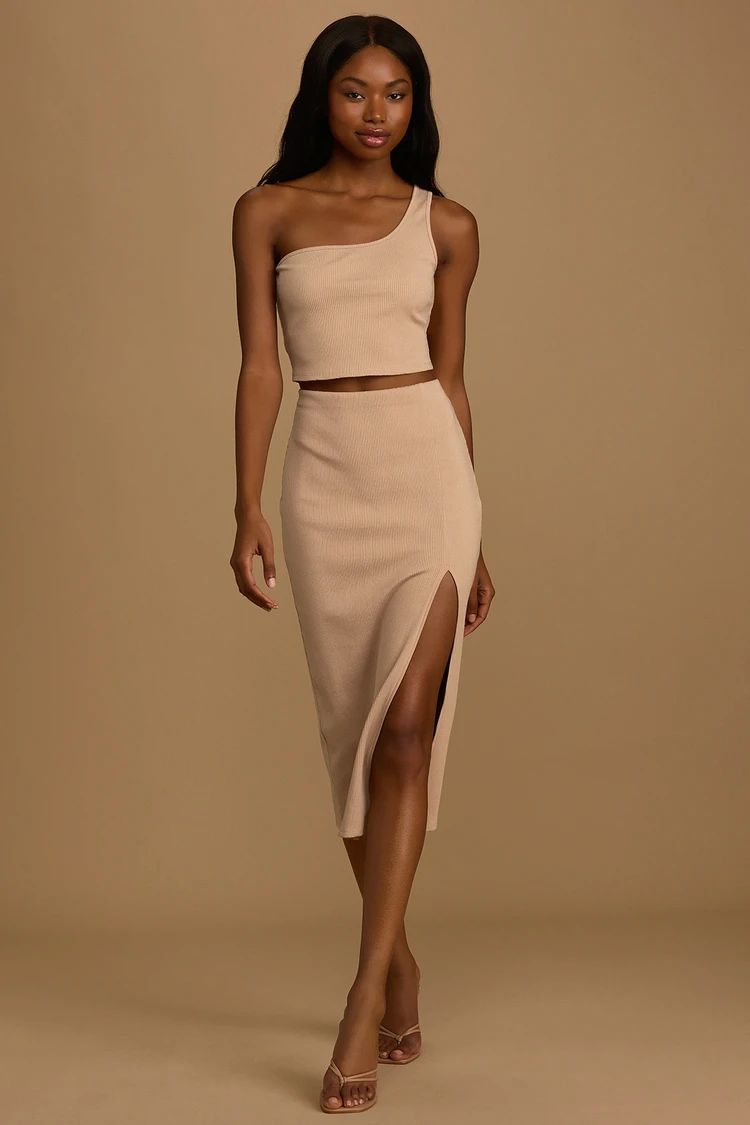 Phenomenal Style Tan Ribbed One-Shoulder Two-Piece Midi Dress | Lulus (US)