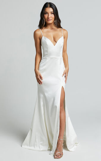 Francia Maxi Dress - Sweetheart Thigh Split Dress in White | Showpo (US, UK & Europe)