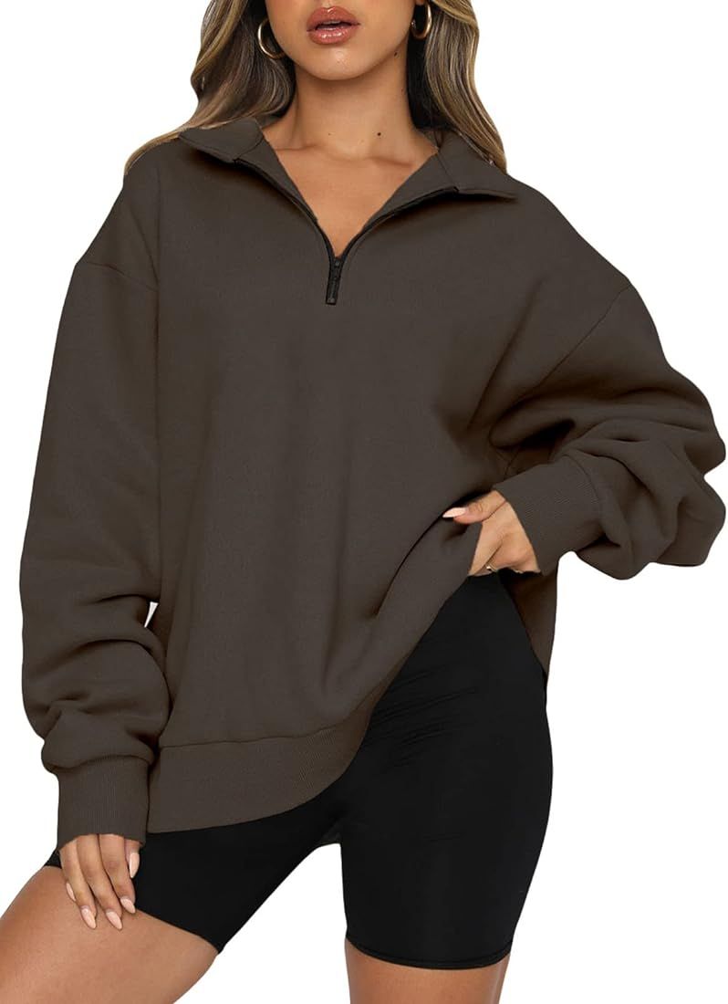 BLENCOT Women Half Zip Oversized Sweatshirts Long Sleeve Solid Color Drop Shoulder Fleece Workout Pu | Amazon (US)