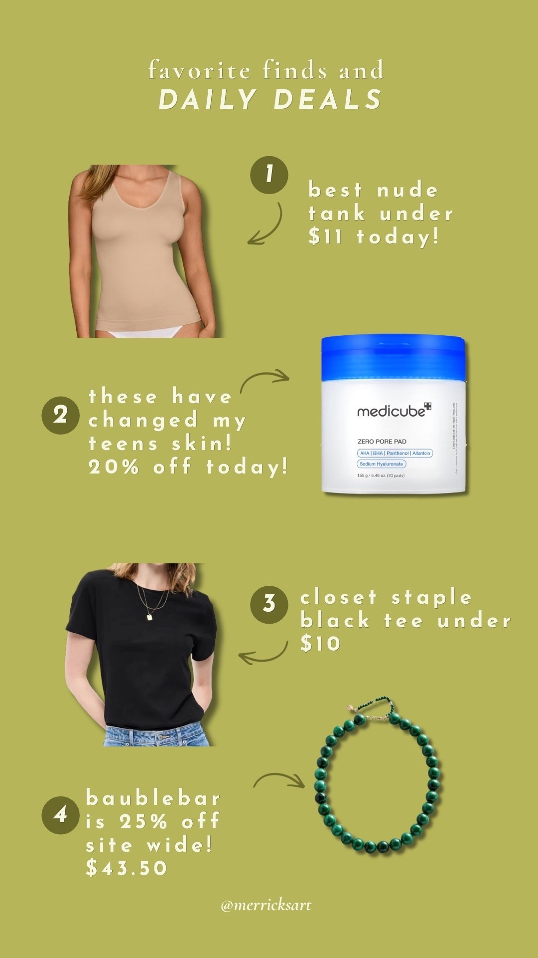 Favorite finds and daily deals! The best nude tank for under sheer items, these pads that have changed my teens skin for the better, a closet staple tee, and everything baublebar! 🫶
