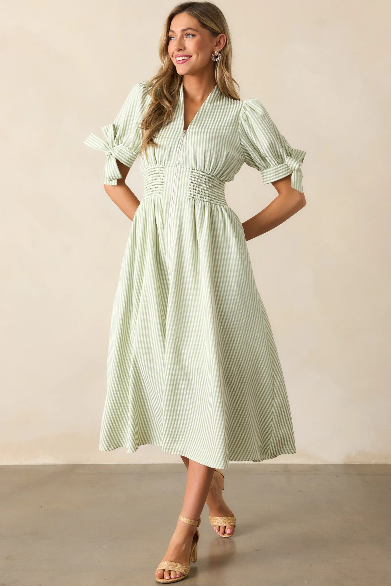 Afternoon Tea Green Stripe Zip Front Midi Dress | Red Dress
