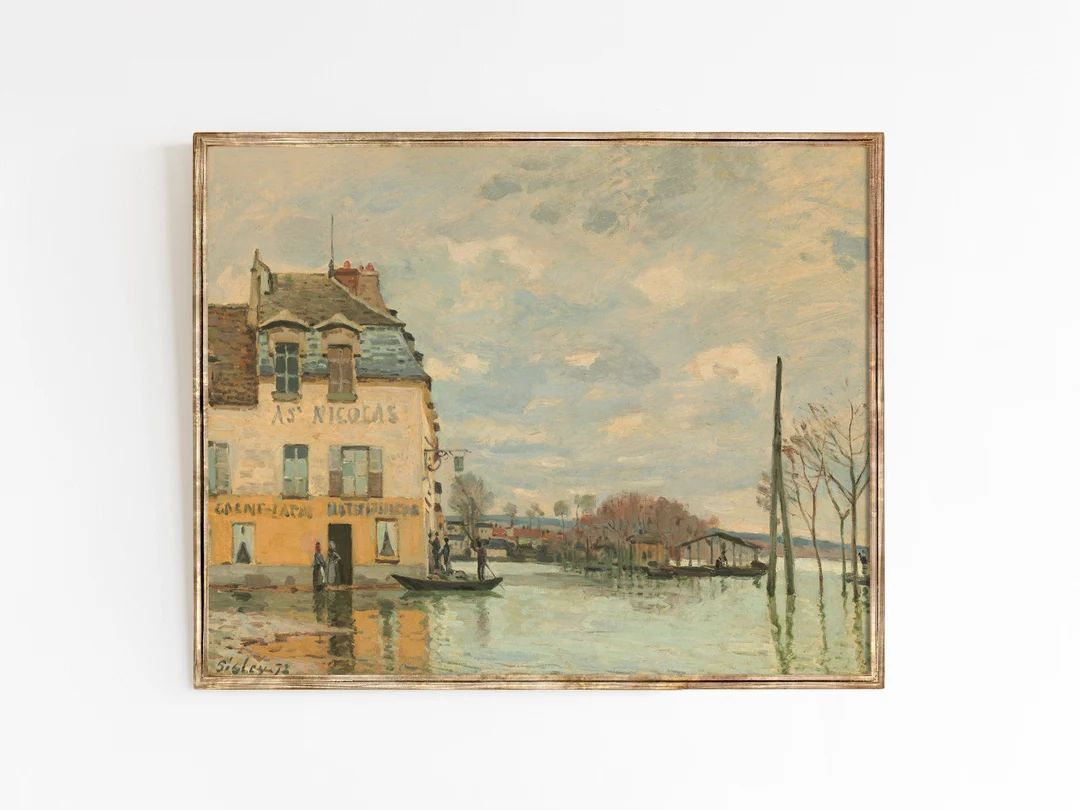 Flood on River Seine | Vintage French landscape oil painting art print | farmhouse cottage neutra... | Etsy (US)