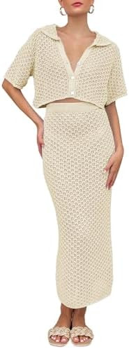 Saodimallsu Women Crochet Beach Cover Up Set Knit Crop Button Short Sleeve Collar Top Bodycon Lon... | Amazon (US)
