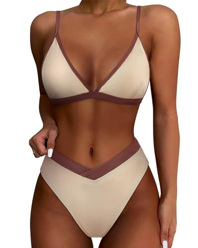 SUUKSESS Women Triangle High Cut Bikini Sets Sexy High Waisted Color Block Two Piece Swimsuits Push Up Bathing Suits(Beige Brown,S) | Amazon (US)