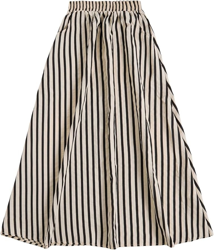 GORGLITTER Women's Striped Long Skirt Elastic Waist A Line Flowy Maxi Skirts with Pockets | Amazon (US)