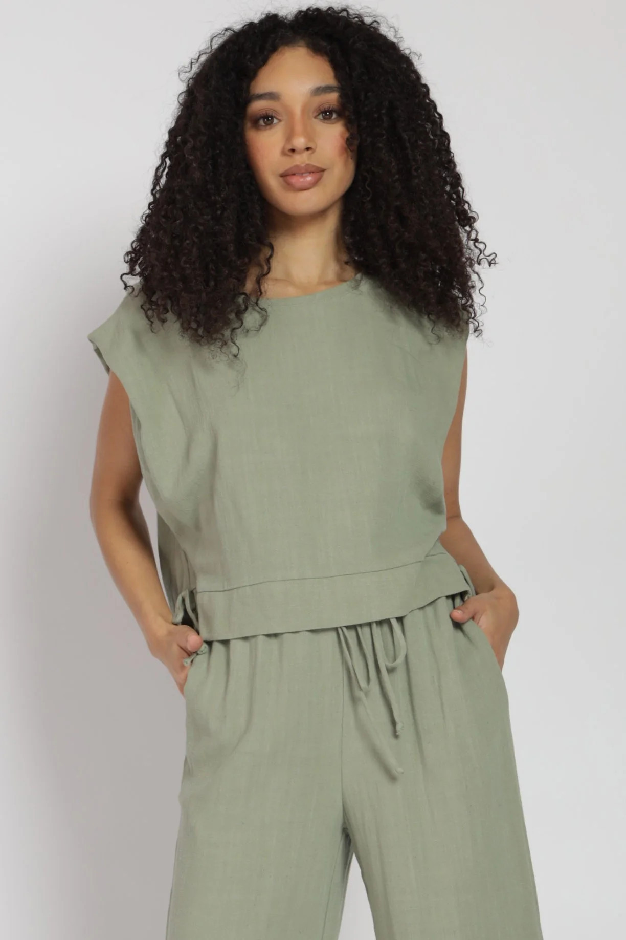 Olive Linen Top And Pants With Side Pockets | PinkBlush Maternity