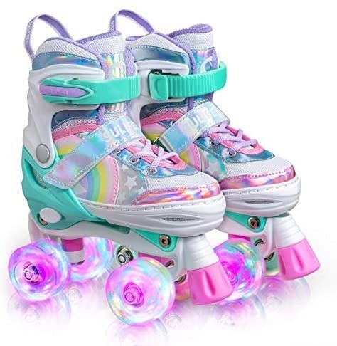 SULIFEEL Rainbow Unicorn 4 Size Adjustable Light up Roller Skates for Girls Boys for Kids | Amazon (US)