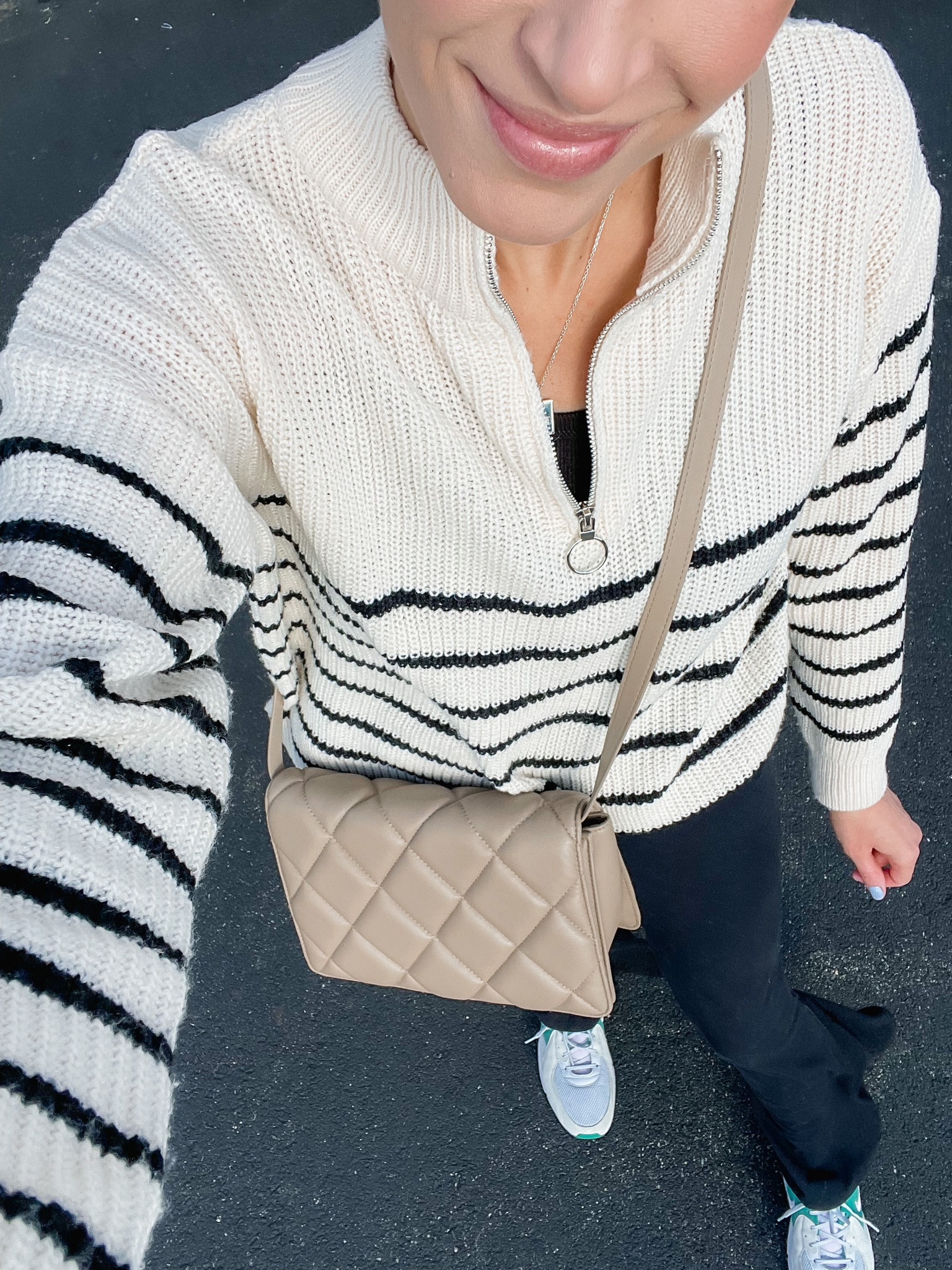 striped drop shoulder zipper front sweater