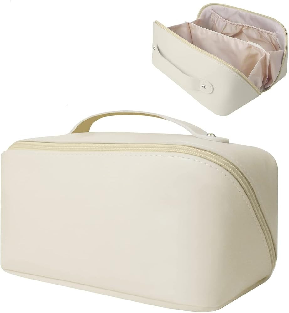 Simbuy Large Makeup Bag, Open Flat Travel Cosmetic Bag for Women and Girls,Travel Makeup Bag, PU ... | Amazon (US)