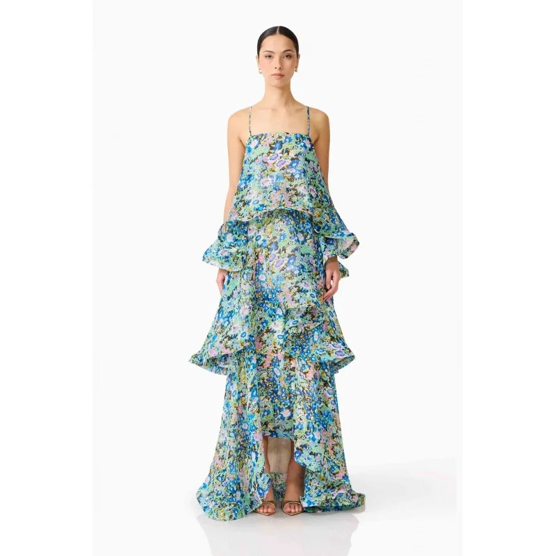 Women's Fresh Sweet Printed Tiered Cake Maxi Dress, Sleeveless Spaghetti Strap Long Dress | Walmart (US)