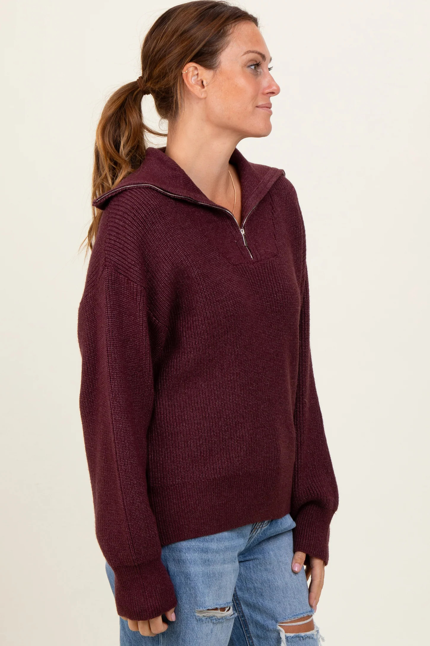 Burgundy Half Zip Chunky Knit Pullover Sweater | PinkBlush Maternity