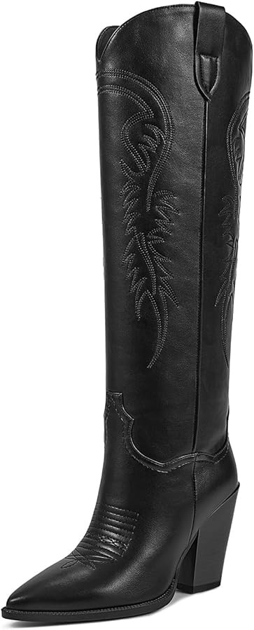 ISNOM Women's Cowgirl Boots Pull On Knee High Boots, Cowboy Western Embroidered Chunky Block Heel... | Amazon (US)