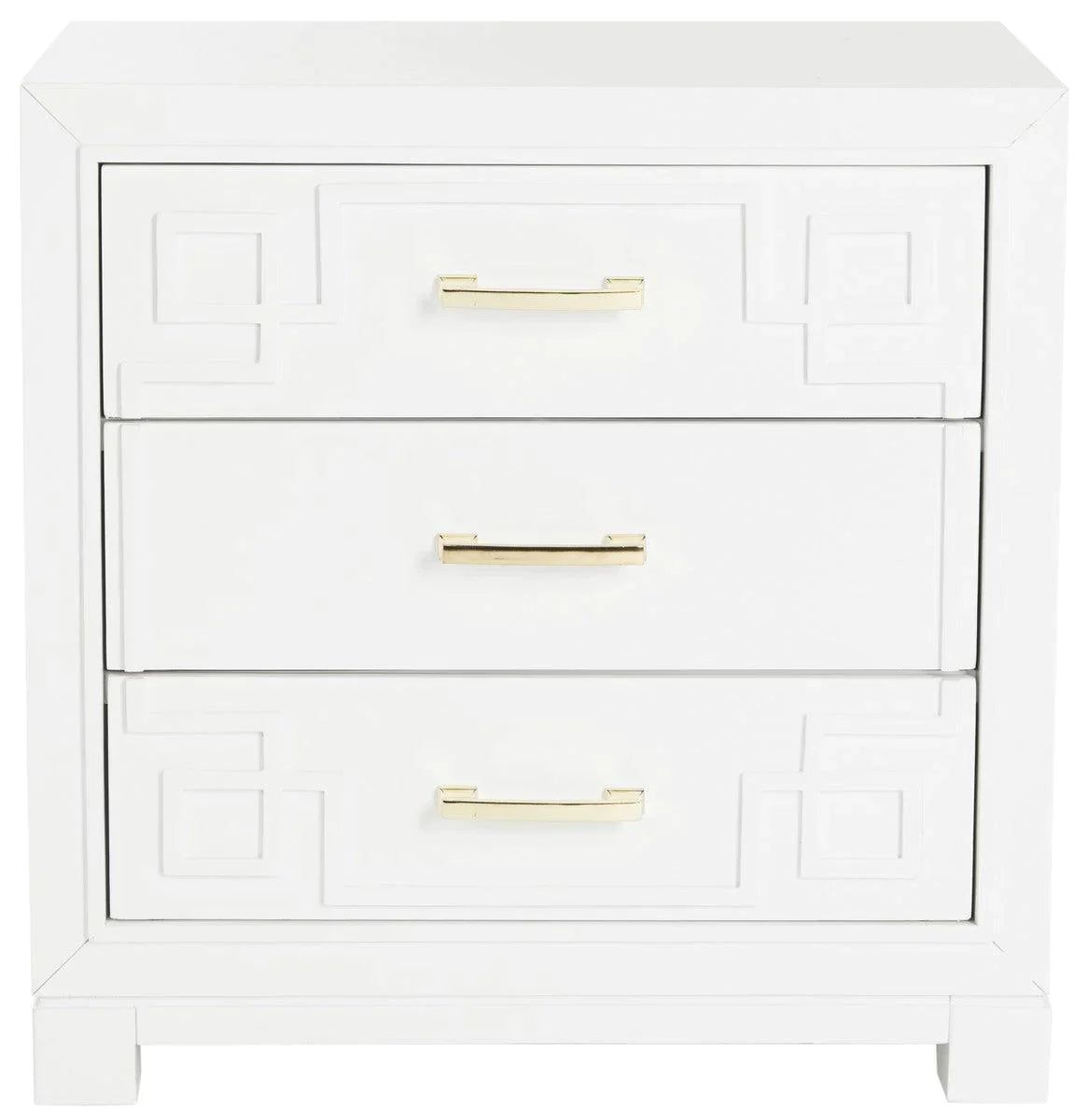 White Three Drawer Greek Key Night Stand | The Well Appointed House, LLC