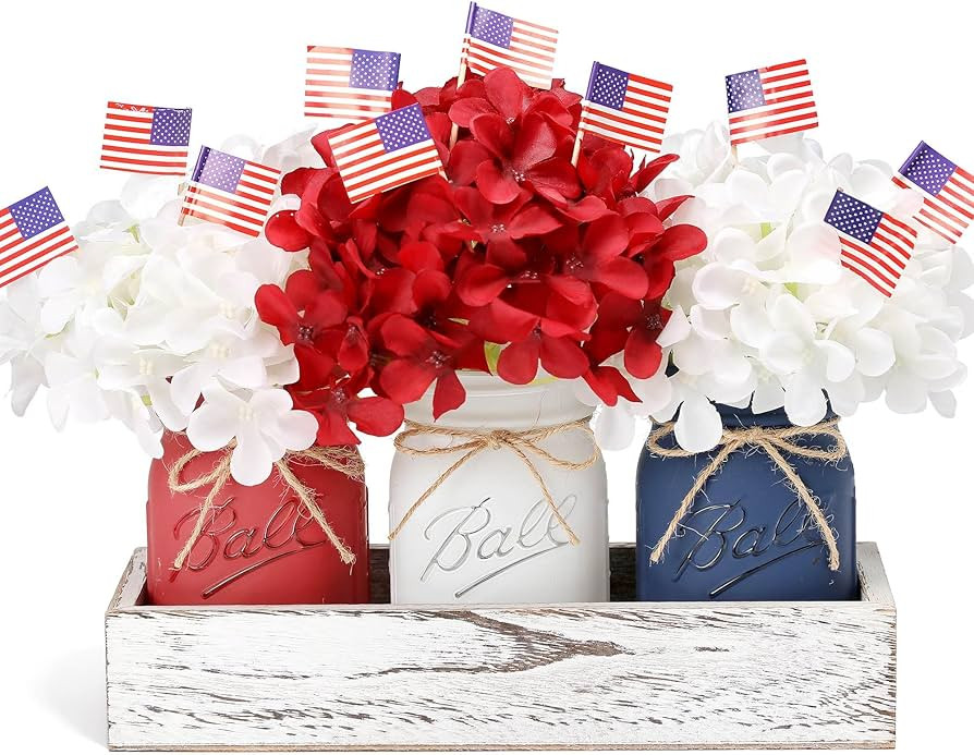 Patriotic Table Decorations, Memorial Day Decor, Patriotic Mason Jars with Mini American Flags, 4... | Amazon (US)