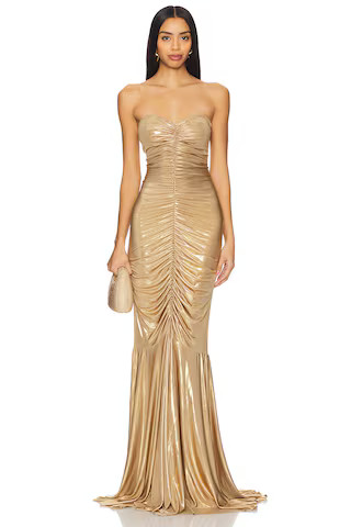 Norma Kamali Strapless Shirred Front Fishtail Gown in Gold Lame from Revolve.com | Revolve Clothing (Global)