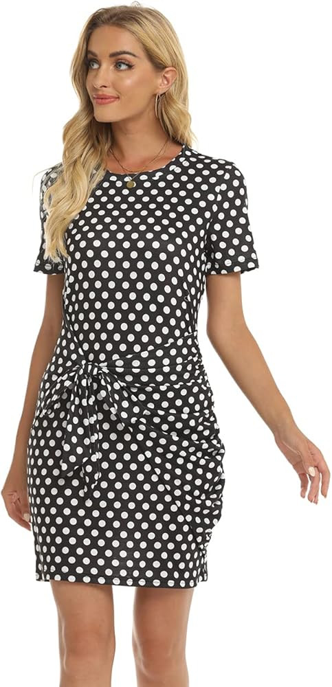 LIVECLOTH Women's Crewneck Ruched Wrap Tie Waist Pencil Bodycon Mini Dress | Amazon (US)