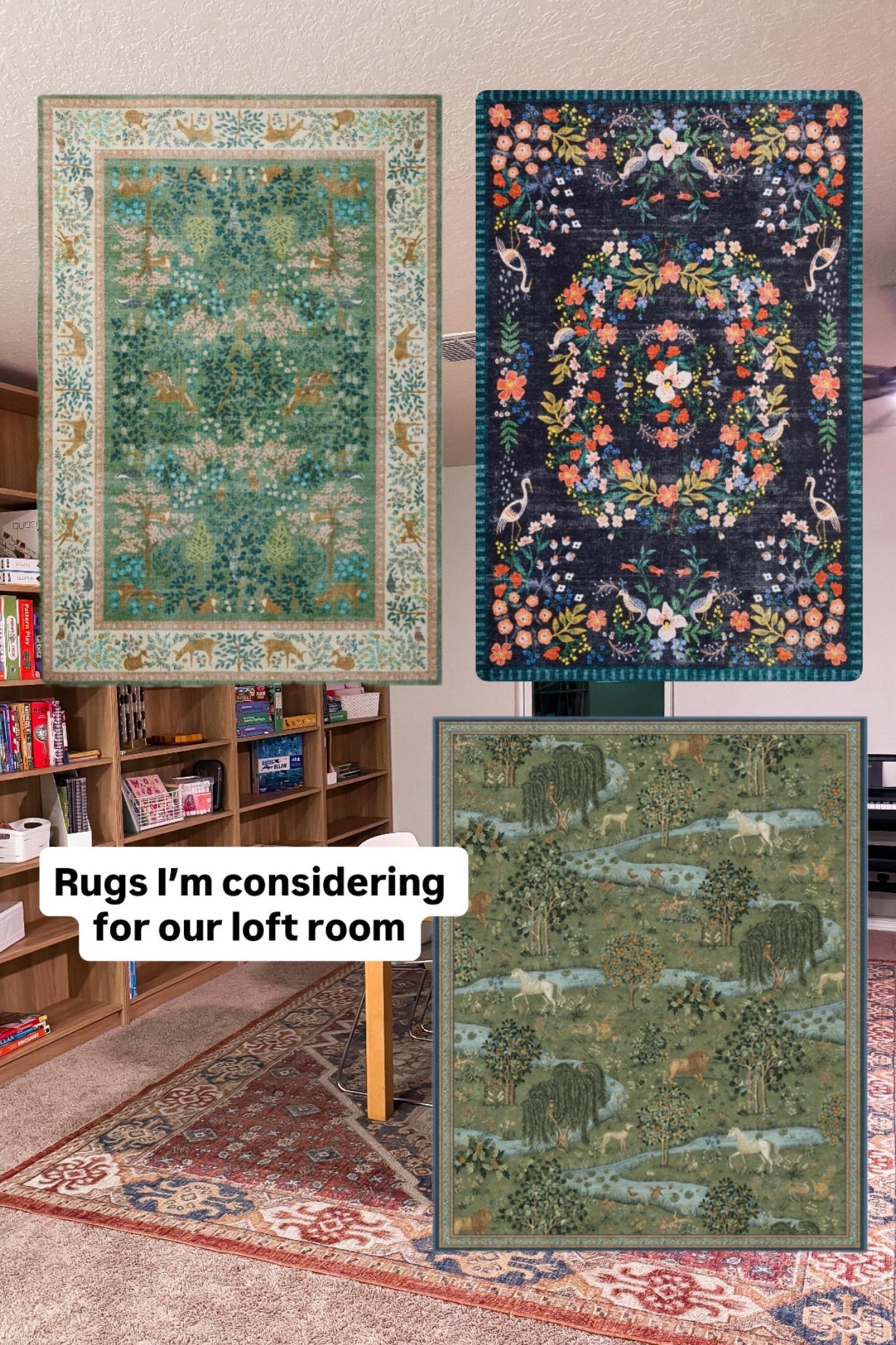 Trying to decide on a rug for our upstairs loft living room/playroom area. These rug prints are all so good it makes it hard to choose!