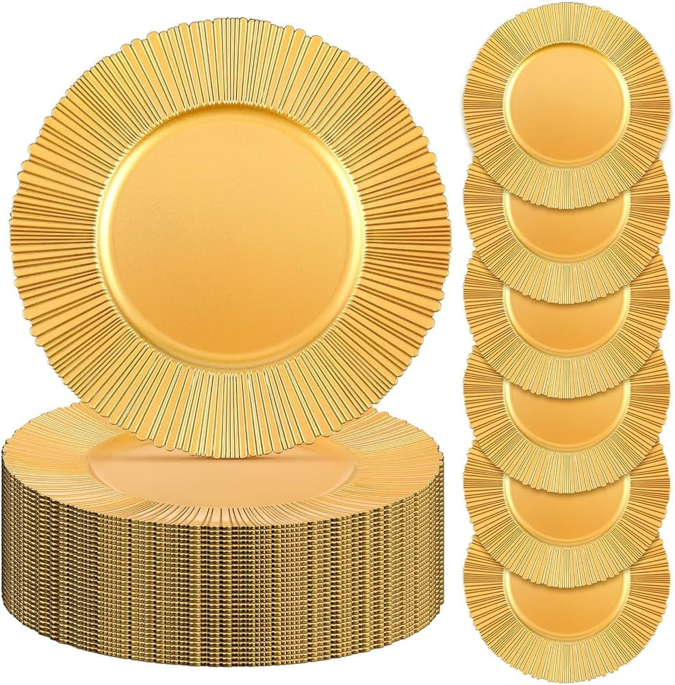 Yaomiao 50 Pack 13 Inch Gold Charger Plates Fluted Rim Plastic Chargers for Dinner Plates Round R... | Amazon (US)