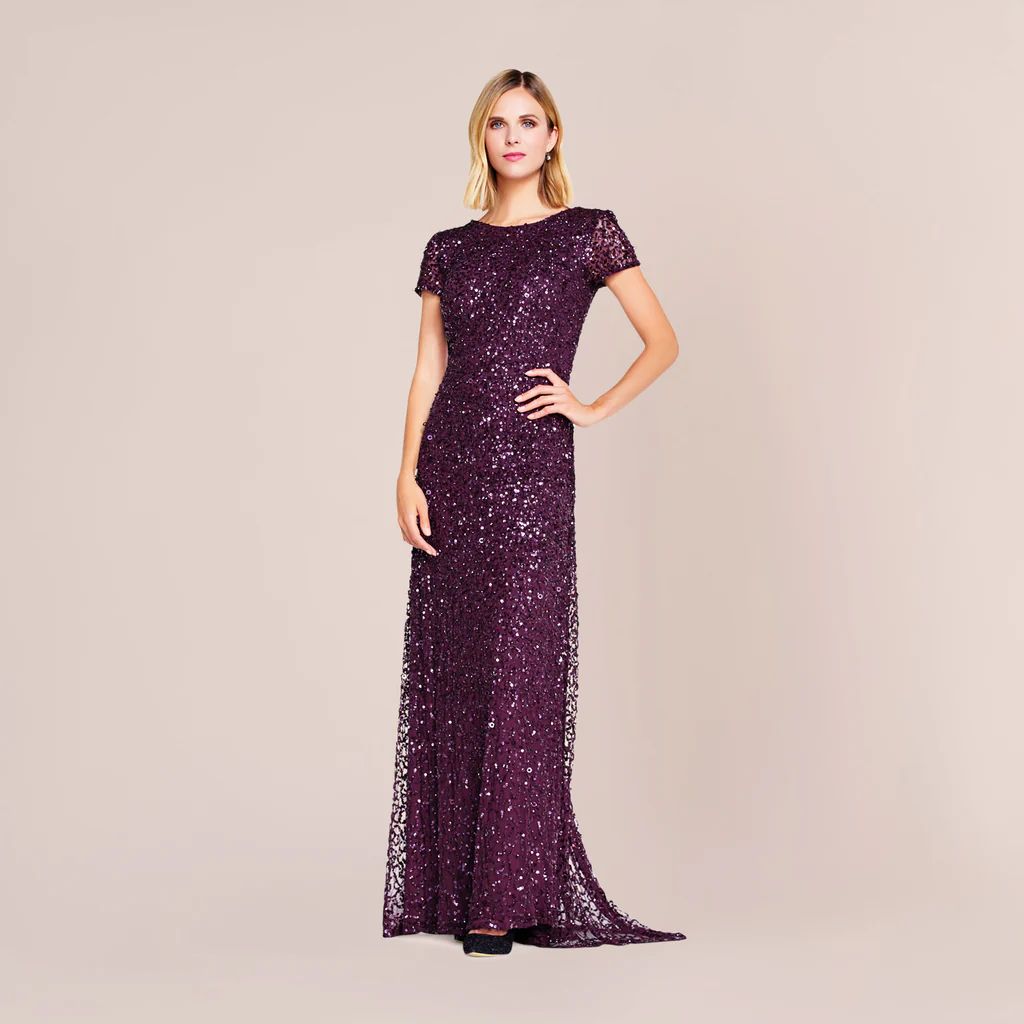 Scoop Back Sequin Gown In Cabernet | Adrianna Papell